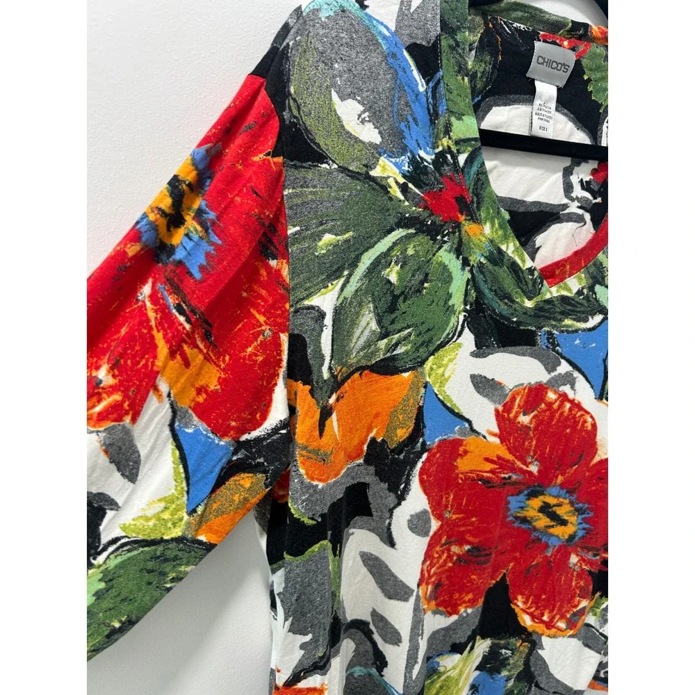 Chicos Floral V-Neck Top Multi-Color 3/4 Sleeve Knit Shirt Size 3 XL - Picture 3 of 8